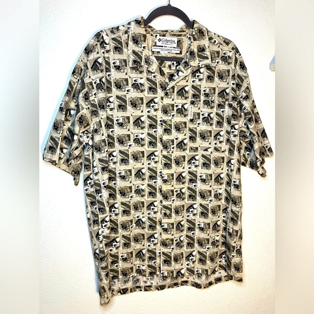 Columbia Brown Tan Fish Montage Abstract Large‎ Shirt men’s button up short